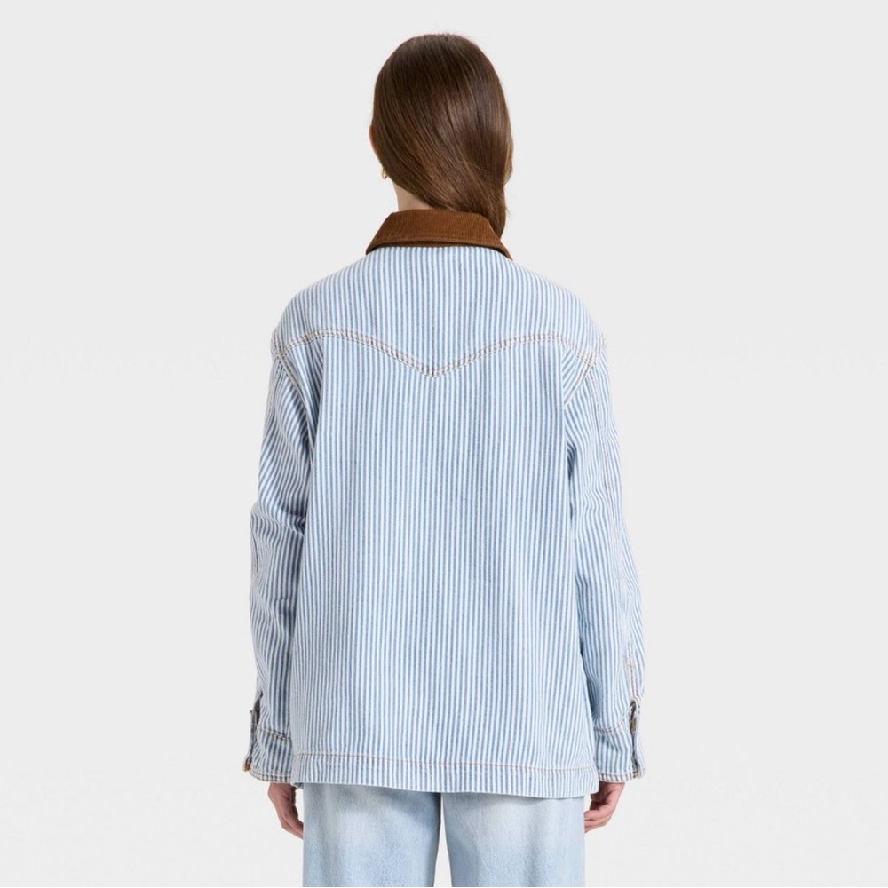 Universal Thread Blue Striped Jean Jacket with Brown Collar - Picture 3 of 3